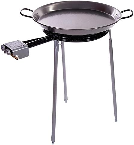 Paella Pan Polished Steel + Paella Gas Burner and Stand Set - Complete Paella Kit for up to 13 Servings