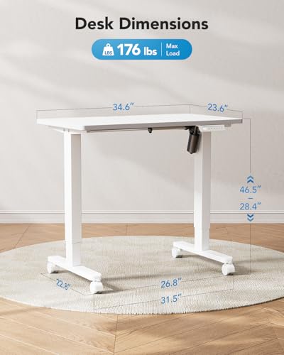 Image of HUANUO Electric Small Standing Desk, Whole Piece Desktop, Adjustable Height Computer Desk, 4 Height Memory Settings, Sit Stand Up Desk for Home Office, 35 inch x 24 inch, White