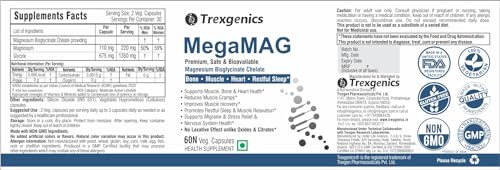 Trexgenics MegaMAG 785mg Magnesium Bisglycinate - Most Bioavailable Magnesium for Sleep, Muscle, Bone & Heart Support (60 Veg. Capsules) (Pack of 1)