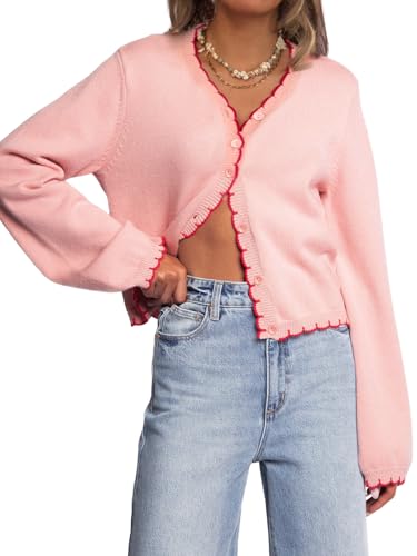 Mieazom Women's Long Sleeve Cardigan Button Down Knit Jackets Open Front Cropped Contrast Color Trim Sweaters Fall Winter Tops Pink XL
