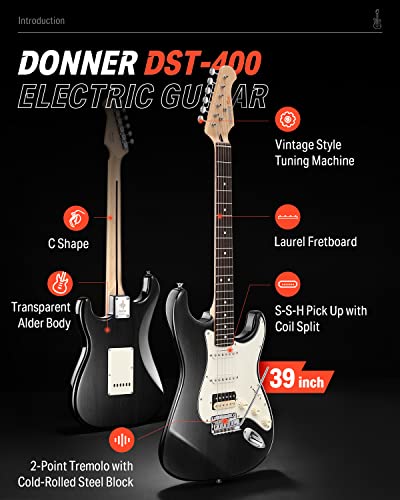 Donner 39 Inch Electric Guitar, Seeker Series Dst-400 Solid Alder Body Electric Guitar For Intermediate & Pro Players, Single Coil Split System & Tremolo Bridge, Bonus Bag, Cable, Strap #TOP1