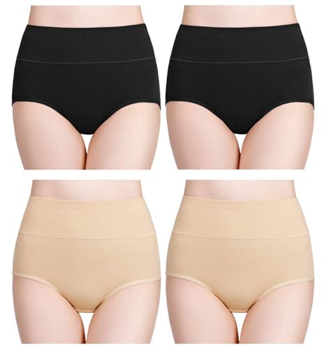wirarpa Bragas Mujer Algodón Talle Alto 4 Pack Negro Albaricoque Talla M
