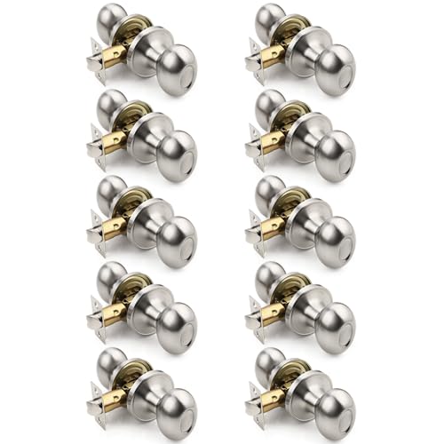 KNOBWELL 10 Pack Brushed Nickel Closet Door Knob with Oval Style Knob, Interior Passage Door Knobs for Hallway, Keyless Non-Locking Indoor Door Knobset