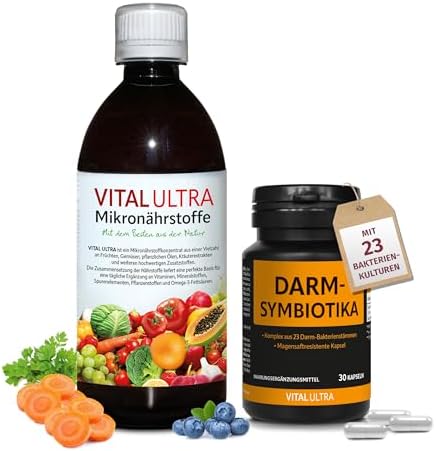 Vital Ultra 480 ml Mikronährstoffkonzentrat & 30 Kapseln Darm-Symbiotika | Vitamine, Mineralien, Spurenelemente, Pflanzenstoffe & 23 Bakterienkulturen – hochdosiert 10 Milliarden K