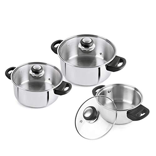 Cello Steelox Induction Compatible Stainless Steel Casserole/Handi Set Of 3 With Glass Lid, Capacity -1 Ltr, 2 Ltr & 3 Ltr