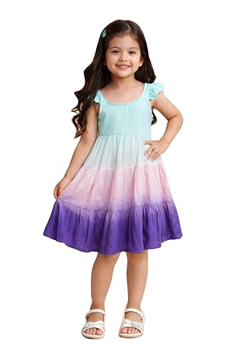 Image of The Magic Wand Kids Girls Tie Dye Casual Dresses, Knee Length Singlet Strap Fit & Flared Cotton Once Piece Stylish Frocks for Summer Season