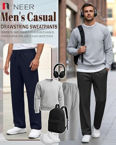 Neer 3 Pack Men's Drawstring Sweatpants Open Bottom Joggers Workout Athletic Tall Lounge Pants Wide Leg with Pockets3