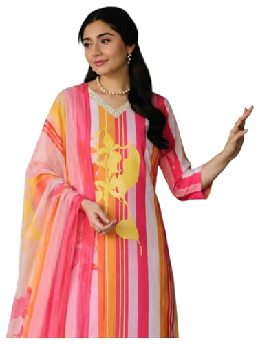 Image of ANNI Designer Cotton Blend Printed Straight Kurta with Pant and Dupatta for Women | Cotton Blend Pink | 3 /4 Sleeve | V-Neck | Ethnic Wear Casual Wear