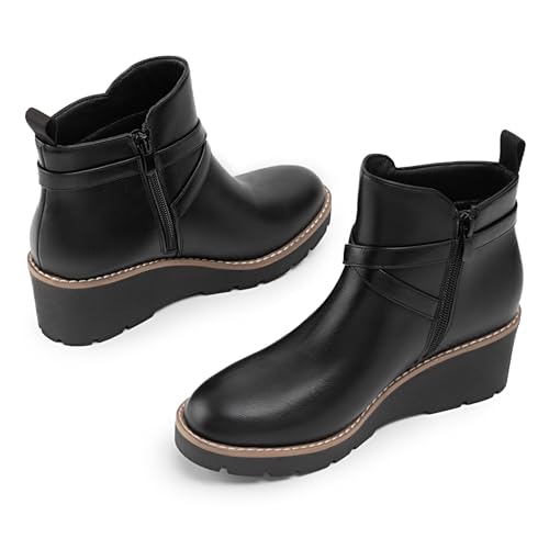 Athlefit Women's Wedge Ankle Boots Fashion Platform Lug Sole Buckle Short Booties with Side Zipper4