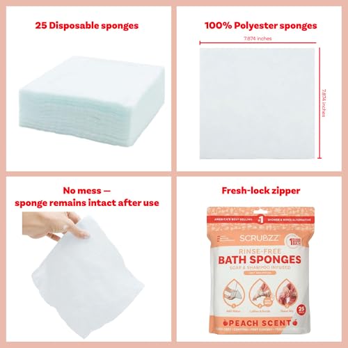 Image of Scrubzz Disposable No Rinse Bathing Wipes - All-in-1 Single Use Shower Wipes, Simply Dampen, Lather, and Dry Without Shampoo or Rinsing (Peach, 3-Pack)