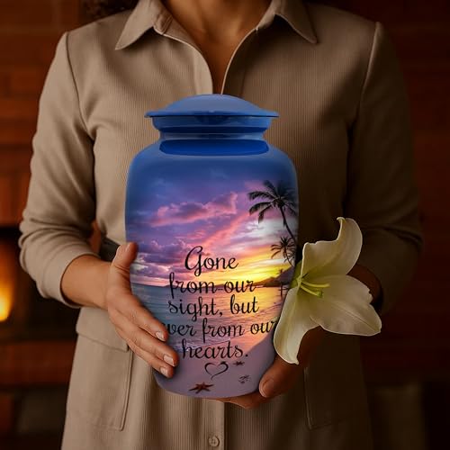 Image of Cremation Urn for Human Ashes Adult - Beach Sunset Printed Funeral Urn for Men & Women, Large Decorative Memorial Urn, Burial Urn with Velvet Bag, 200 Cu /in