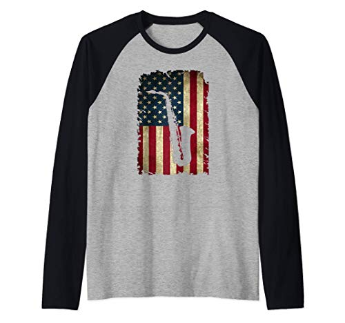 Band Student Saxophone Player USA Flag Musical Instrument Camiseta Manga Raglan
