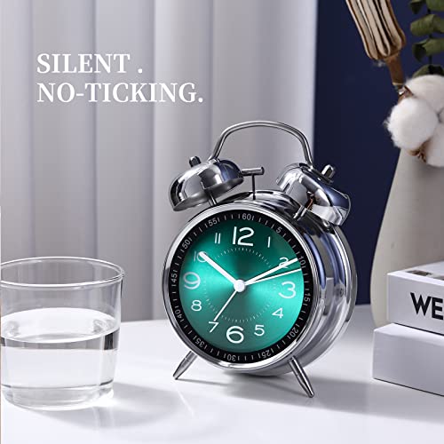 Analog Loud Alarm Clock With Backlight,Battery Operated,Silent Non Ticking,For Heavy Sleepers,Bedrooms,Bedside Table, 4Inches Twin Bell Extra Retro Decorative Desk Clocks. (Green) #TOP3