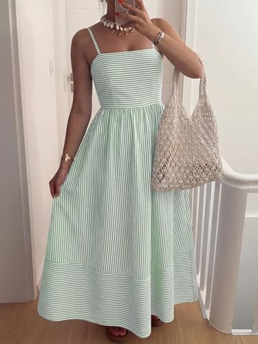 Image of Caracilia Womens Maxi Dresses Gingham Spaghetti Strap Back Smocked Flowy Long Sundress Summer Beach Vacation Clothes 2026