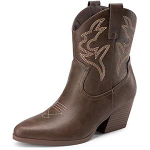 DREAM PAIRS Women's Cowboy Cowgirl Boots Embroidered Stitched Short Western Boots Low Chunky Heel Pointed Toe Ankle Booties 6 Brown