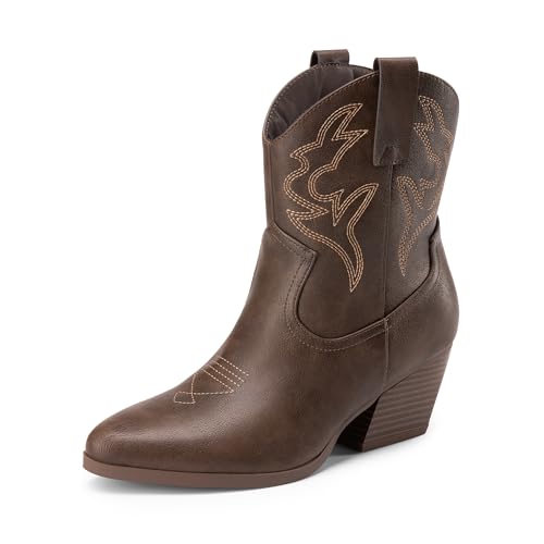 DREAM PAIRS Stivali da Cowboy da Donna Stivali Western Corti Ricamati con Punta e Tacchi a Zeppa,Size 41,Marrone,DWUMAB2504