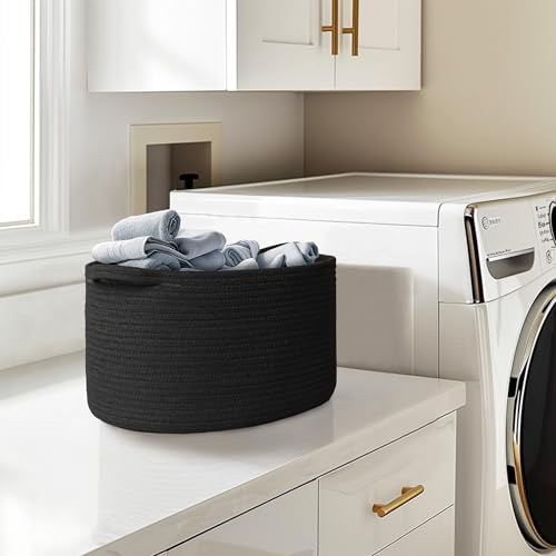 Image of MEGASKET Black Woven Storage Basket, 17 inchx12 inchx8 inch Cotton Rope Baskets for Organizing Dog Toy, Gift, Book, Towel, Cloth, Shoe, Decorative Wicker Storage Bin for Shelves, Closet, Bathroom, Living Room