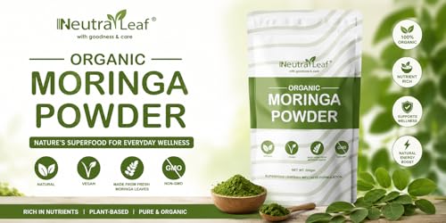 Image of Neutraleaf Organic Moringa Powder | Drumstick Leaves Powder for Immunity | Rich in Iron, Calcium & Plant Protein | Superfood for Hair Growth & Glowing Skin | Non-GMO, Vegan | Resealable Bag | 200g