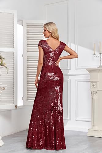 Image of XUIBOL Womens Sequined Short Sleeves Long Formal Dress with V-Neck for Evening Event Nightout Club Gown Silver Paillette