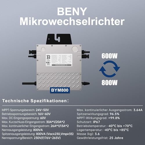 BENY Solar-Mikro-Wechselrichter 800 W - Wechselrichter verbunden mit dem Stromnetz mit WLAN- und APP-Steuerung, Leistung des Solarwechselrichters einstellbar von 800 W bis 600 W, IP67, 5 m langes