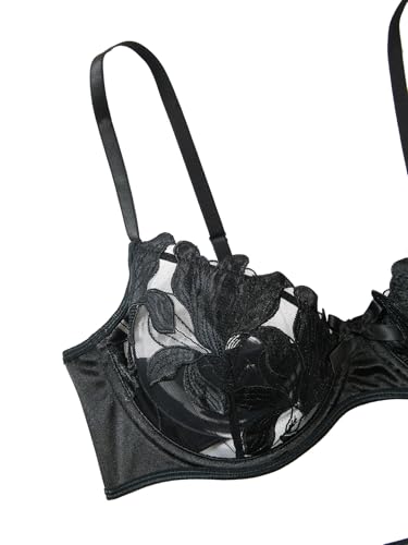 Image of Lilosy Sexy Leaf Floral Embroidered Mesh Sheer Women Underwire Push Up Lingerie Set