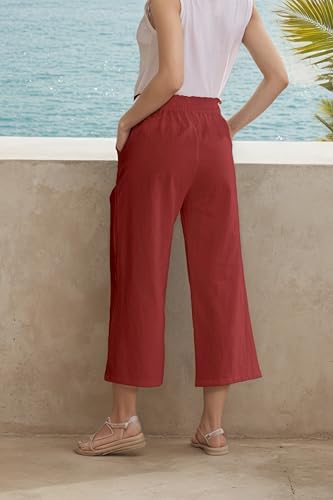 Image of LNX Womens Linen Capri Pants Wide Leg High Waisted Drawstring Casual Cropped Pants with Pockets