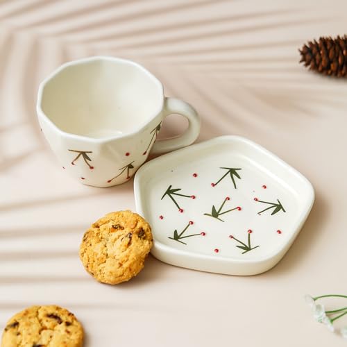 Image of Handcrafted Ceramic Tea Cup with Saucer | Floral Printed Coffee Mug with Plate | Premium Pottery Cup Set for Tea & Hot Beverages | Ideal Gift for Tea Lovers & Home Use