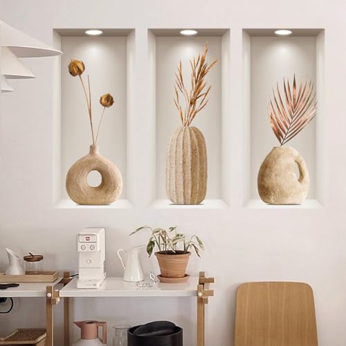 WandSticker4U®- Stickers muraux salon 3D VASE avec FLEURS beige (120x68 cm) I Autocollant mural chambre adulte bohème minimalistes I Déco murale salon...