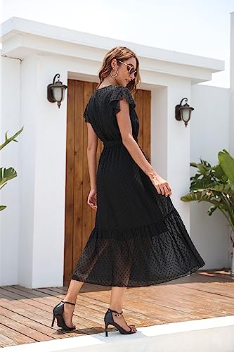 Image of VintageClothing Womens Sundress Casual Floral Summer Boho Dress | Flowy Wrap V Neck Ruffle A-Line Pleated Hem Midi Dresses