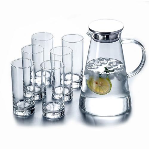 7-Pcs Glass Pitcher Set Jug with 6 Water Glasses Tumbler Cups Lid Carafe Jug with Spout Handle for Hot/Cold Tea Beverage