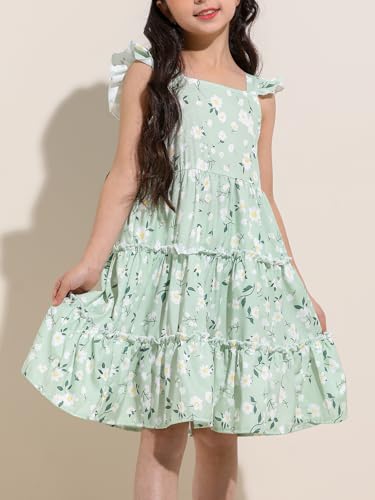 Girl Summer Dress Floral Ruffle Sleeve A Line Swing Casual Dresses Tie Back Cute Tiered Sundress 4-12Y3