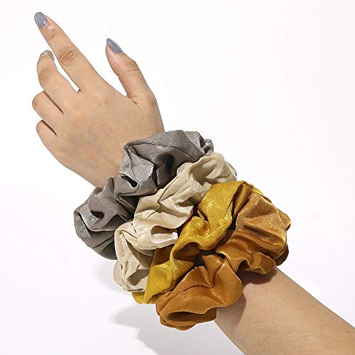 Image of Silk Satin Scrunchies Women Hair Ties - Ivyu Big Scrunchy Ponytail Holder No Crease Hair Bands Soft Elastic No Hurt Your Hair for Vsco Girl Women Beige Gray Dard Yellow Light Yellow