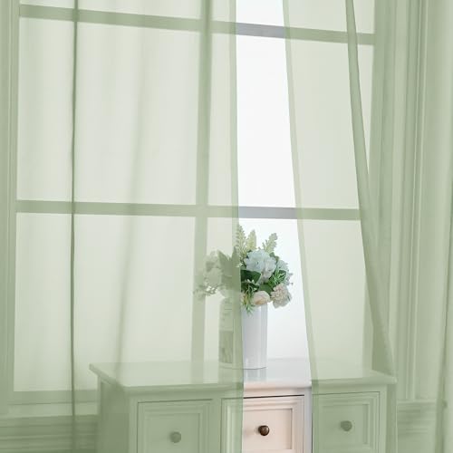 Image of OVZME Light Green Sheer Curtains 90 Inches Long 2 Panels - Soft Light Filtering Window Sheer Panels for Living Room /Bedroom, Top Dual Rod Pocket, 1 Pair, Each 42Wx90L Inches