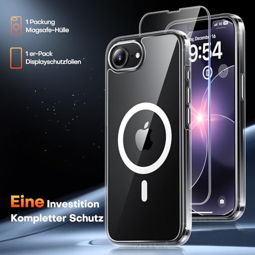 TAURI für iPhone 17e / iPhone 16e Hülle 6,1" mit Panzer Schutz Glas Folie, Kompatibel mit MagSafe, Schutz nach Militärstandard, [Anti-Vergilbung] Stoßfest Magnetisch Handyhülle - Durchsichtig