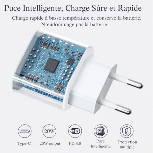 iPhone oplader, 20 W USB C snellader en 1 m kabel voor iPhone 14/14 Plus/14 Pro/14 Pro MAX/13/12/11/X/8/7/Pad, USB C-stekker type C voeding adapter (wit) - Afbeelding 3