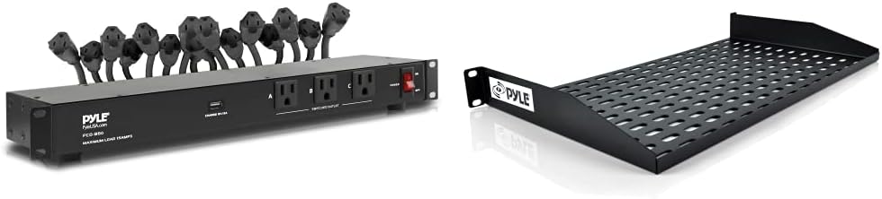 Pyle 19 Outlet 1U 19" Rackmount PDU Power Distribution Supply Center Conditioner Strip Unit Surge Protector (PCO860) Black and Pyle 19-Inch 1U Server, Vented Shelves for Good Air Circulation Cantilever Wall Rack, Universal Device, Cabinet Shelf, Computer Case Mounting Tray (PLRSTN14U)