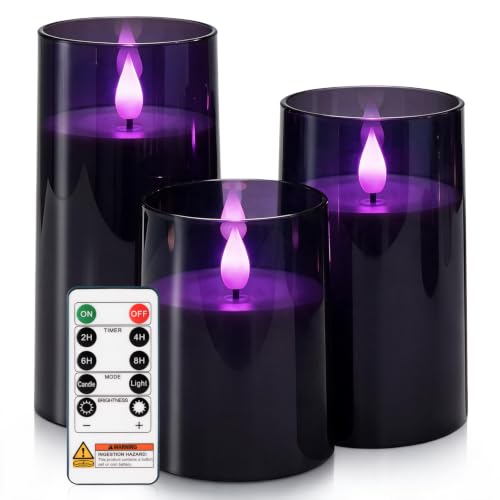 Image of Homemory Dark Gray Flameless Candles, Purple Glow, Remote Timer, Set of 3