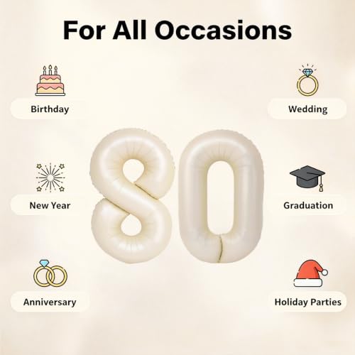 Image of Number Balloons for Birthday Decorations - 40 Inch Large Party Balloons 80, Cream Foil Number Balloons for Boys Girls, Balloons for Party Supplies