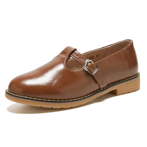 TRULAND Zapatos Mary Jane Oxfords de cuero para mujer, mocasines casuales con correa en T, puntera cerrada, zapatos planos elegantes para trabajo de oficina, Marrón Mj, 36 EU TRULAND Zapatos Mary Jane Oxfords de cuero para mujer, mocasines casuales con correa en T, puntera cerrada, zapatos planos elegantes para trabajo de oficina, Marrón Mj, 36 EU