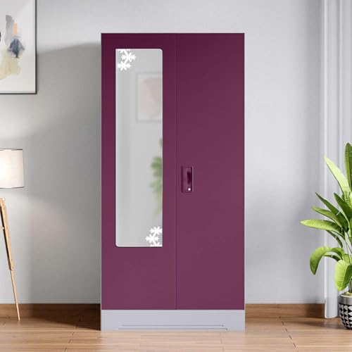 Image of Interio by Godrej Almirah Slimline 2-Door Steel Almirah, Cupboard for Clothes (Purple), 1-Year Warranty, 4 Shelves, 1 Drawer, 1 Locker, Star Design Mirror