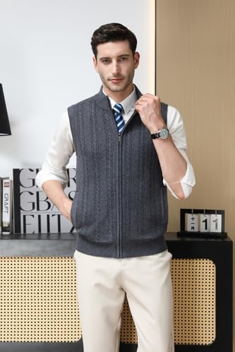 Men’s 100% Wool Sleeveless Cardigans Full Zip Up Knitted Sweater Vest Casual Outerwear4