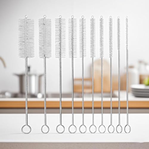 Set di 10 spazzole per la pulizia del tubo in nylon, ideale per bottiglie e tazze a collo stretto, colore: bianco