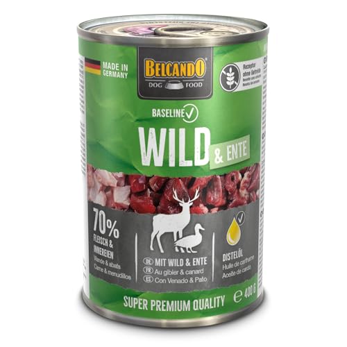 BELCANDO Baseline Nassfutter für Hunde, Wild & Ente, 6X 400g Dose, 70% Fleisch für ausgewachsene Hunde, Hundefutter nass ohne Getreide, Made in Germany