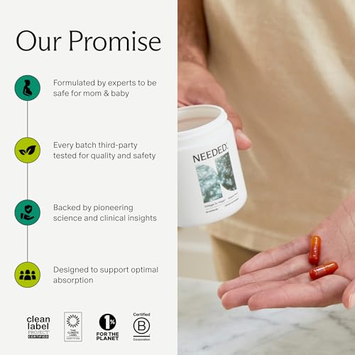 Image of Needed. Prenatal Omega-3, 1000mg DHA, 1000mg EPA, 30-Day Supply | High Potency Dose of Sustainably Sourced Bergamot Flavor, Encased in a Gelatin-Free, Plant-Based Softgel Shell