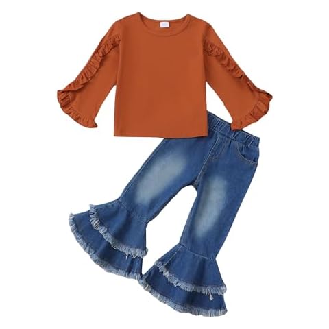 Saeaby Girl Clothing Set 4T 5T Girl Clothes Fall Winter Toddler Outfit Ruffle Long Sleeve Shirt Flare Denim Jeans Pants 4 5 Year Old Girl Outfit Cover