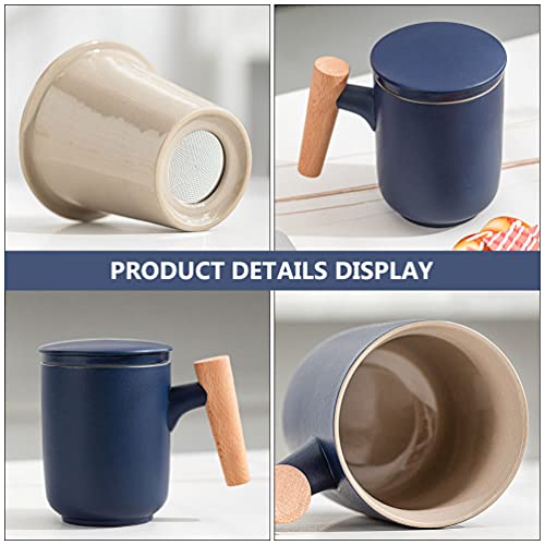 Cabilock Caneca de café de cerâmica com tampa e cabo de madeira, copo de cerâmica para chá azul, can