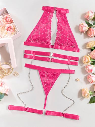 Image of Foxiny Sexy Halter Heart Ring Cutout Chain Floral Lace Sheer Garter Belt Lingerie Set 3 Piece