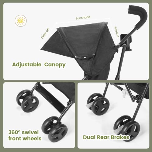 Image of One-Handed Folding Lightweight Stroller, Large Storage Basket, Canopy, Cup Holder, Compact Umbrella Stroller Durable Frame, 3-36M Travel Stroller for Airplane Ultra Overhead Friendly (Black)