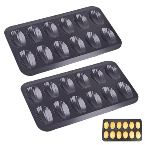 kalione Nonstick Madeleine Pan 2 Pack 12-Cavity Heavy Duty Cookies Trays for Oven Baking, Warp Resistant Shell Shape Madeleine Mold Cake Pan, Black