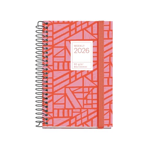 Miquelrius - Agenda settimanale vista 2026, piccola e portatile (80 x 120 mm), pianificazione settimanale, copertina rigida cartone, spirale, chiusura elastica, carta 80 g/m², CAT-EN-PT, Baden
